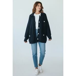 J. Jill Navy Ribbed Cardigan Sweater Button Up Cottagecore Nautical Minimalist L